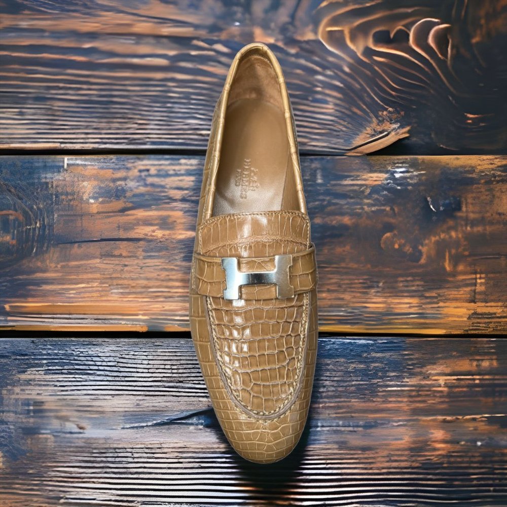 Hermes Shiny Taupe Niloticus Crocodile Signature H Paris Loafer EU size 37 Shoe - Picture 5 of 10